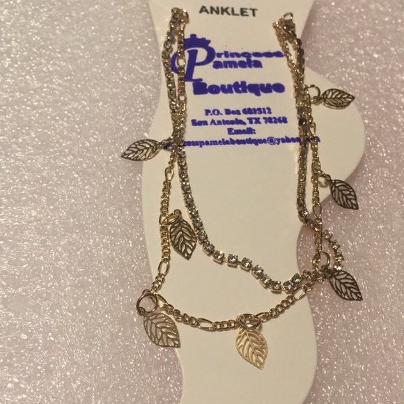 Leaves and Rhinestones Goldtone Ankle Bracelet - Picture 4 of 5